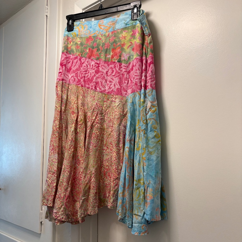 Patchwork Midi Skirt in Pink, Blue & Green